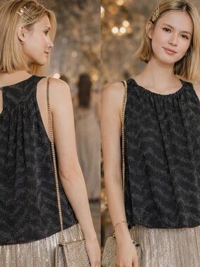 NWT $78 Anthropologie Black Carly Shimmer Scoop Neck Button Back Top S